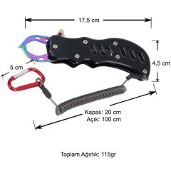 Oskar Alüminyum Balık Tutucu Gripper Yaylı Karabinalı - Siyah